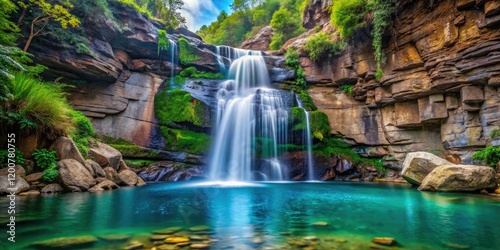 A waterfall cascading down a rocky cliff into a pool of tranquil water, waterfall, rock