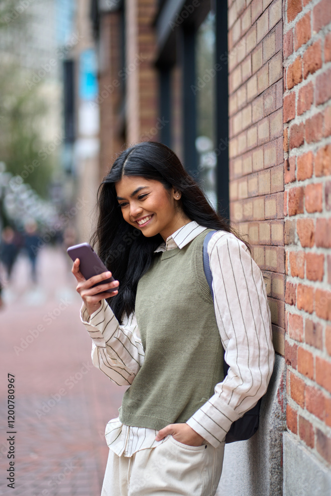 Candid vertical photo of happy Asian teenage college student using apps chatting on smartphone in the city. Smiling cool teen school girl holding mobile cell phone looking at cellphone outdoors. Candid vertical photo of happy Asian teenage college student using apps chatting on smartphone in the city. Smiling cool teen school girl holding mobile cell phone looking at cellphone outdoors.