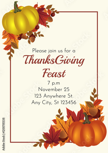 Thanksgiving Feast Invitation card A festive invitation featuring autumn leaves, pumpkins and a welcoming message, perfect for a Thanksgiving dinner party. 