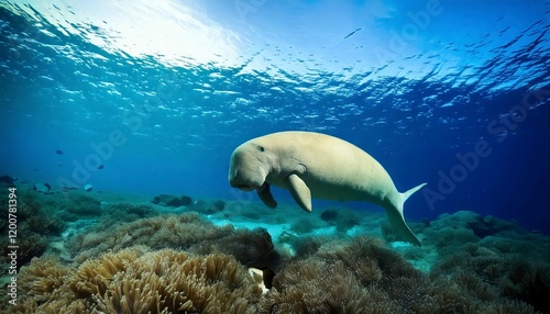 A dugong is swimming in the ocean photo