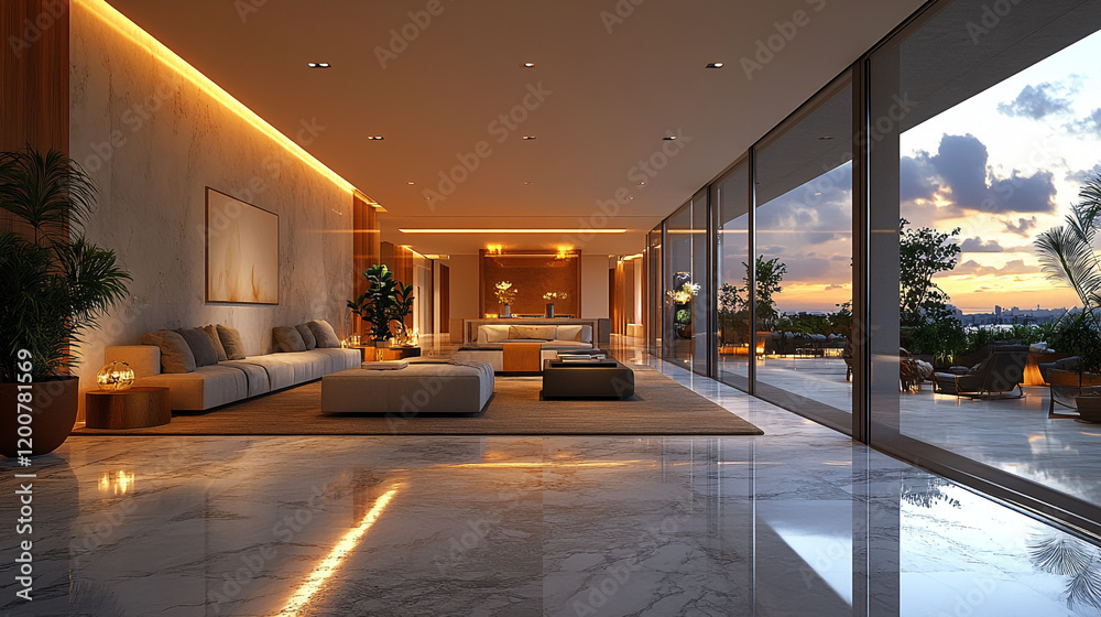 Luxurious Modern Lobby with Panoramic Sunset Views Luxurious Modern Lobby with Panoramic Sunset Views