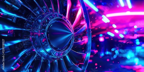Jet engine is shown in a neon blue and purple background