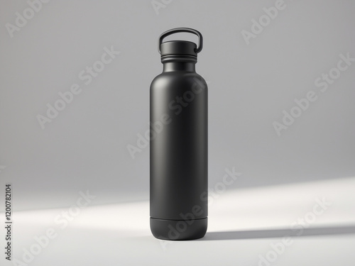 Minimalist black stainless steel water bottle with a sleek design and ergonomic handle. photo