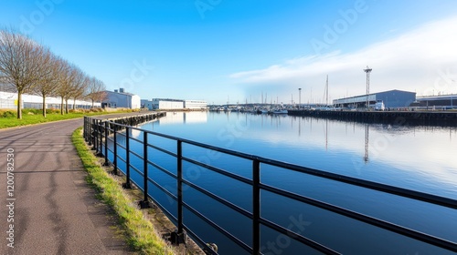 Wallpaper Mural Calm harbor, path, boats, clear sky, industrial background, perfect for travel or real estate Torontodigital.ca