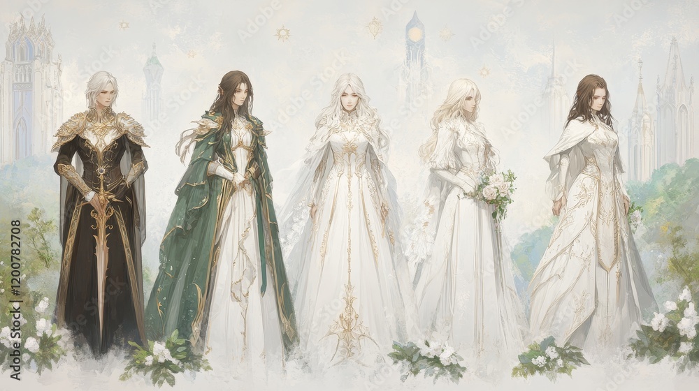 Naklejka premium Elegant Fantasy Figures in Formal Attire