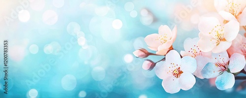 Blossoms watercolor concept. Beautiful cherry blossoms blooming against a soft blue bokeh background.