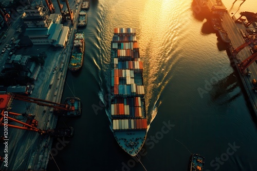 Container ship sunset port aerial logistics photo