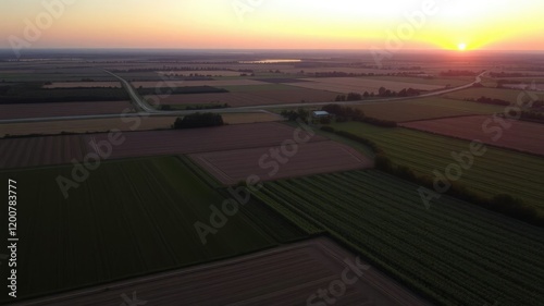 Aerial view of a farm with fields and crops near the Horicon Marsh Wildlife Area at sunrise, farm fields, wisconsin, farms photo