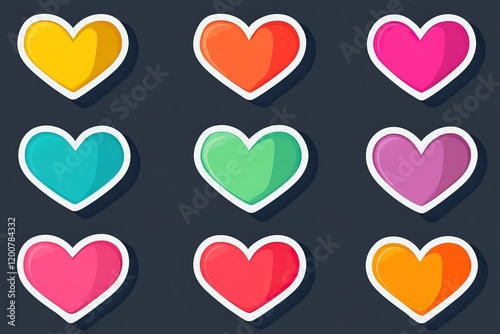 Sets of vibrant heart-shaped stickers showcase a delightful array of colors, ideal for enhancing card making, scrapbooking, and holiday decorations photo