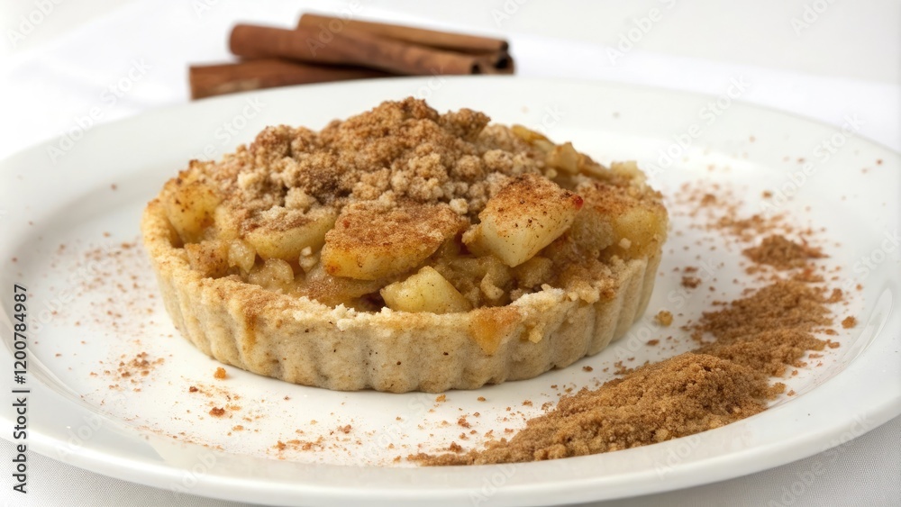 A sprinkling of cinnamon adds depth to the warm apple crumble on a crisp white plate, warmth, plate, apple crumble, baked good, dessert dish A sprinkling of cinnamon adds depth to the warm apple crumble on a crisp white plate, warmth, plate, apple crumble, baked good, dessert dish