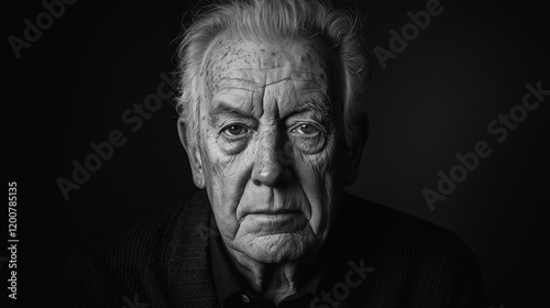 black and white portrait of elderly man with deep wrinkles and serious expression, highlighting his wisdom and experience. lighting emphasizes texture of his skin and depth of his gaze