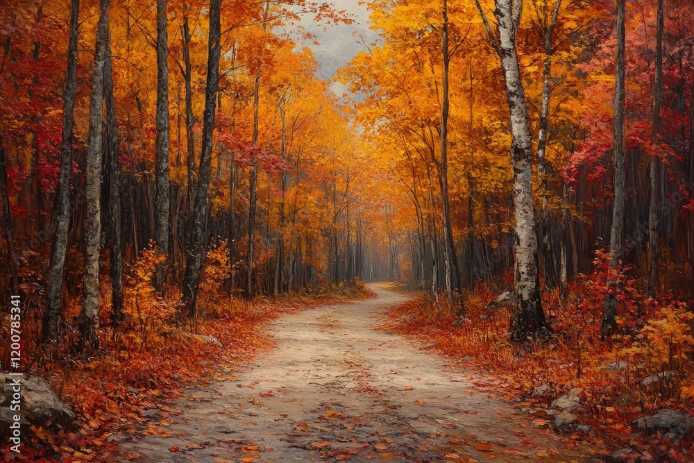 Autumnal road winds through vibrant forest. Autumnal road winds through vibrant forest.