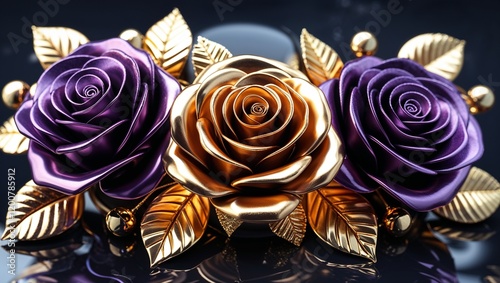 Digital artwork featuring a close-up arrangement of three intricately designed roses. The roses are crafted with a metallic sheen, with two in a deep purple hue and one in a rich   photo