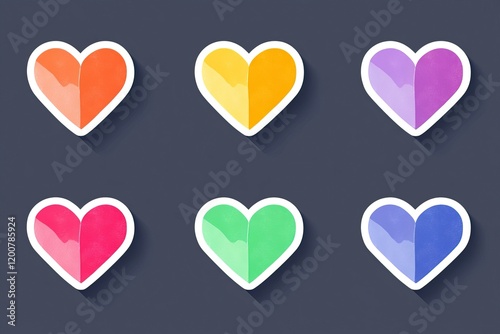Vibrant heart-shaped stickers in various colors perfect for artists and crafters to enhance valentines, greeting cards, and social media designs, sparking joy and creativity photo