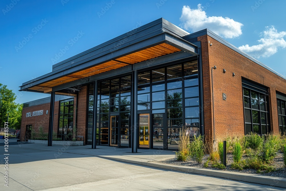 Modern brick building entrance, sunny day, urban background, business Modern brick building entrance, sunny day, urban background, business