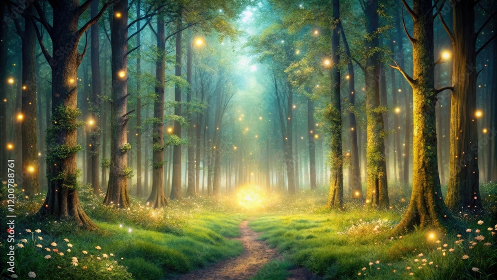 Obraz premium A whimsical fairy-tale forest with tall trees and a carpet of sparkling fireflies, innocent, fireflies, soft, fantasy, pure