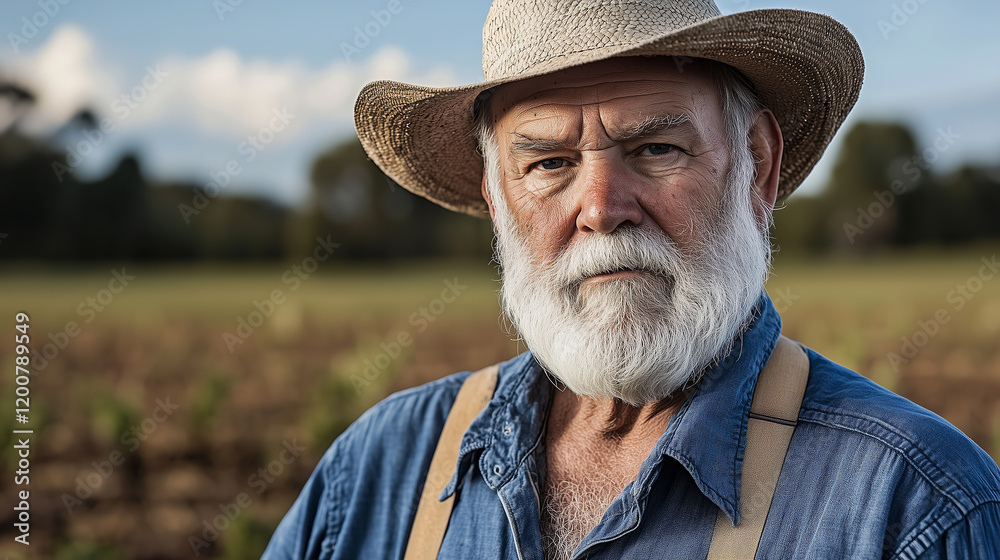 farmer with white beard and straw hat stands in field, wearing blue shirt and suspenders, looking directly at camera with serious expression farmer with white beard and straw hat stands in field, wearing blue shirt and suspenders, looking directly at camera with serious expression
