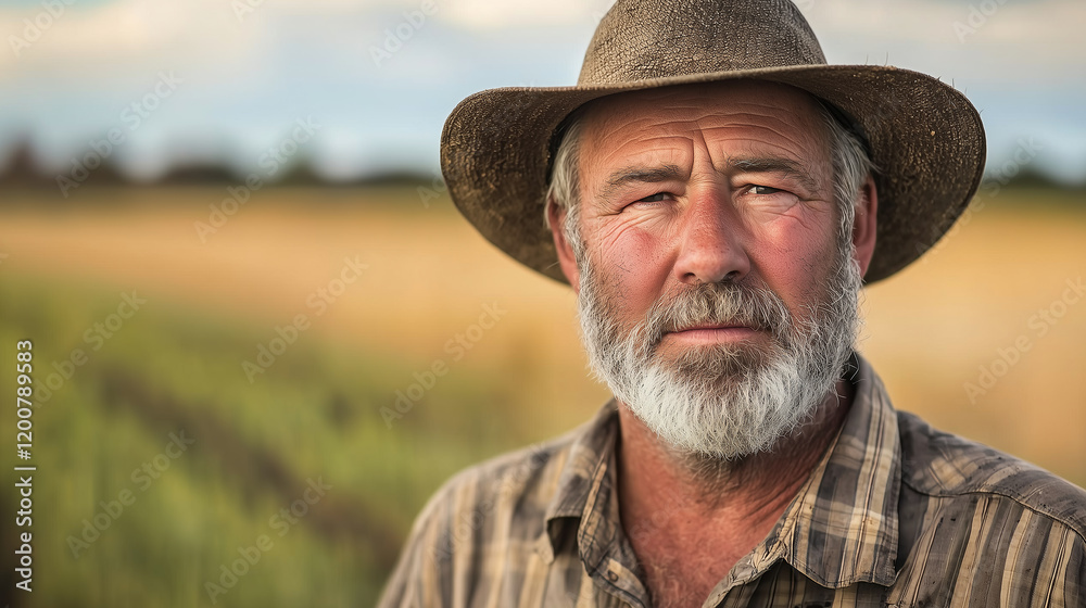 farmer with weathered face and hat stands in field, showcasing rural lifestyle. background features blurred landscape of crops under clear sky, highlighting connection to nature farmer with weathered face and hat stands in field, showcasing rural lifestyle. background features blurred landscape of crops under clear sky, highlighting connection to nature