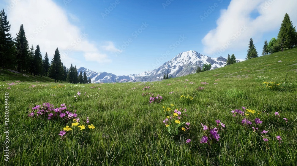 Obraz premium Scenic mountain landscape with vibrant wildflowers in a meadow.