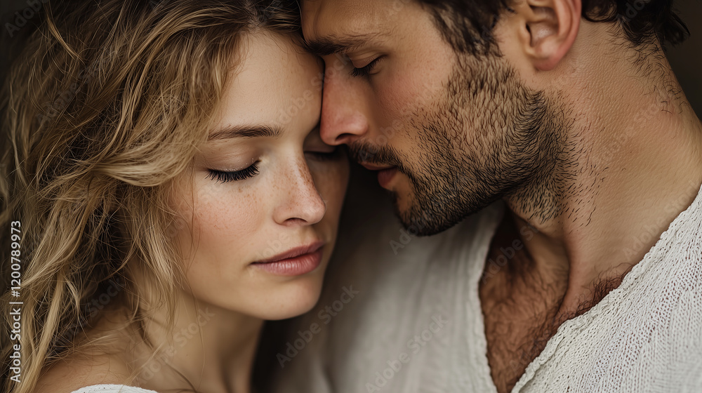 couple shares intimate moment, their faces gently touching, eyes closed, conveying sense of closeness and affection. soft lighting enhances serene and tender atmosphere couple shares intimate moment, their faces gently touching, eyes closed, conveying sense of closeness and affection. soft lighting enhances serene and tender atmosphere