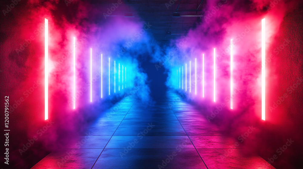 Naklejka premium futuristic neon laser corridor with vibrant red and blue smoke effects