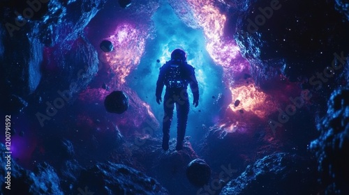 Wallpaper Mural Astronaut floats through vibrant cosmic asteroid field Torontodigital.ca