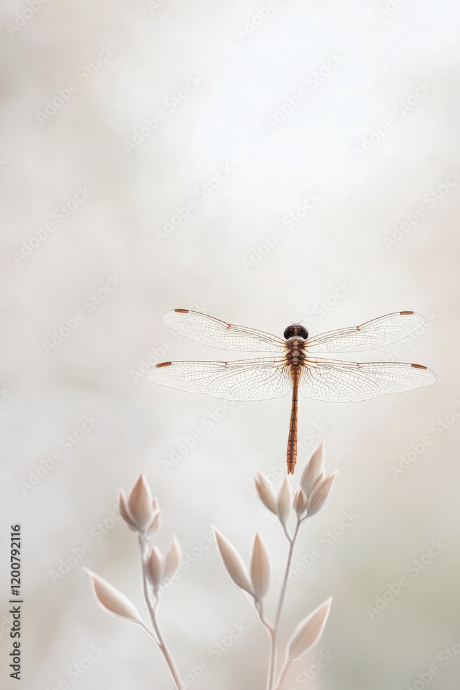A delicate dragonfly perched on budding flowers, set against a soft, pastel-colored background, creating a serene and tranquil scene in nature. A delicate dragonfly perched on budding flowers, set against a soft, pastel-colored background, creating a serene and tranquil scene in nature.
