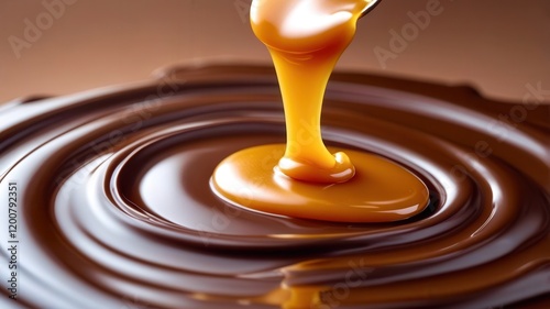 Spoonful of chocolate sauce is poured into a bowl