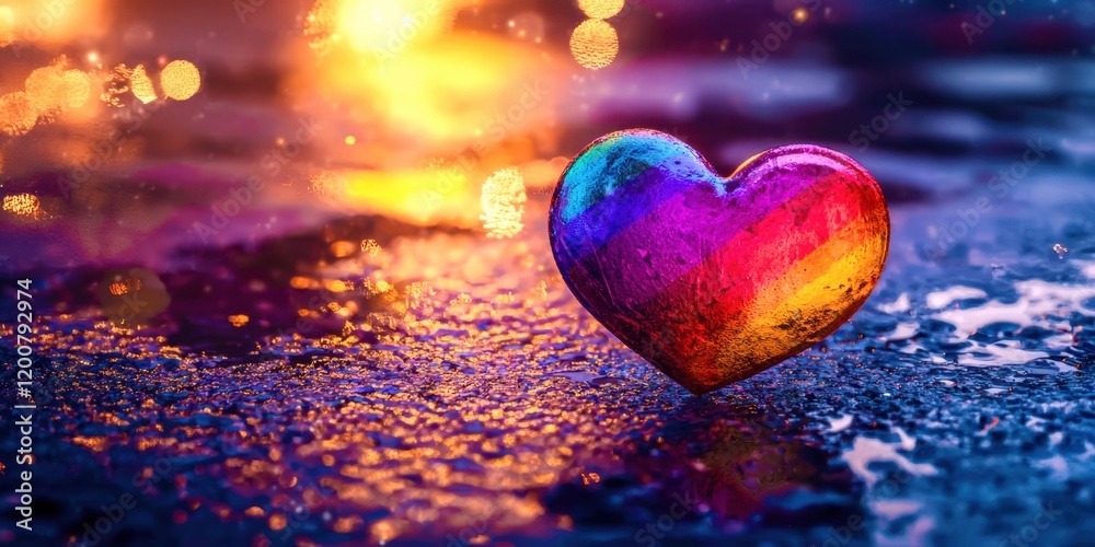Fototapeta premium Rainbow heart is on a wet surface