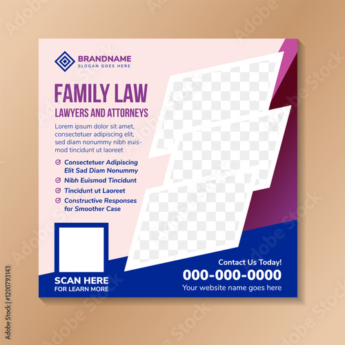 Banner design of family law lawyers and attorneys. space for photo collage on pink background. square layout use combination blue and pink gradient element. collection of social media banners