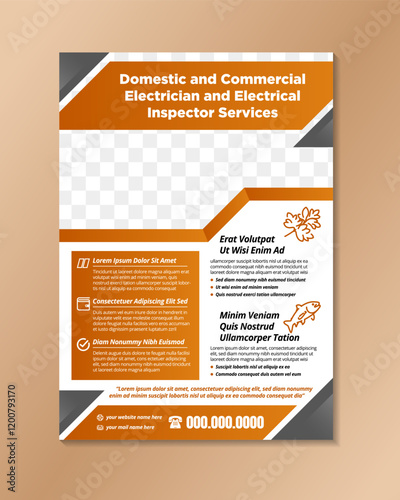 Professional electrician service flyer design template. abstract brochure design with brown and grey element isolated on white background. vertical layout with space for photo and infographic element