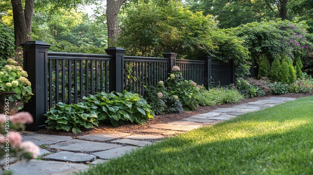 Landscaped garden path, stone walkway, black fence. Landscaped garden path, stone walkway, black fence.
