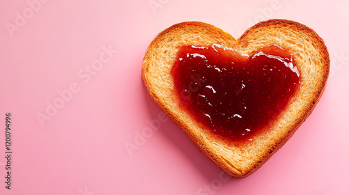 Heart shaped toast with jam on soft pink background for creative valentines day design
 photo