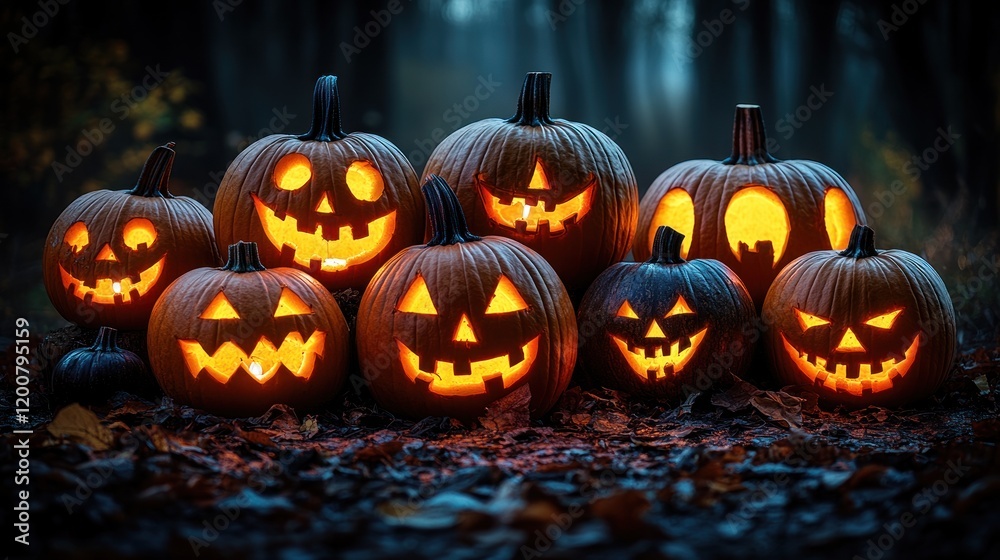 Fototapeta premium Carved Pumpkins Illuminating a Misty Forest at Dusk