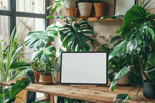 Botanic Working Room with Tablet Standing on Wood Table Surrounded by House Plants Tablet Mockup