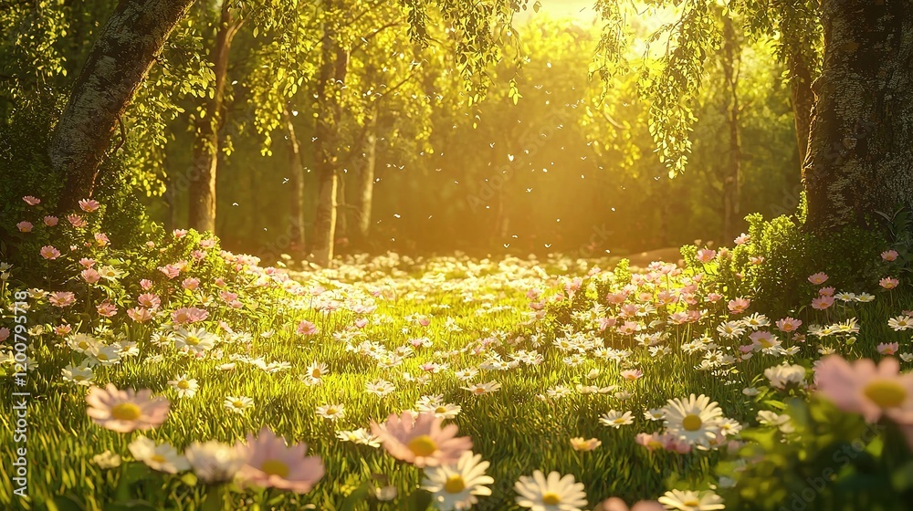 Fototapeta premium Sunlit Meadow, Daisies, Spring