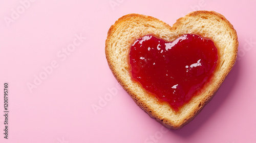 Heart shaped toast with jam on soft pink background for creative valentines day design
 photo