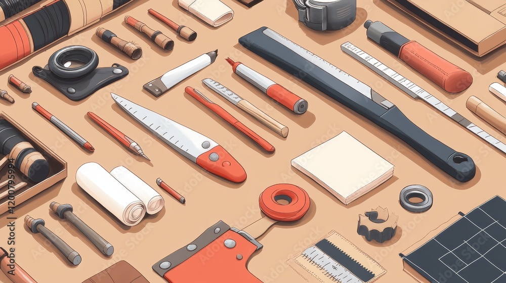 Obraz premium Flat lay showcasing an assortment of hand tools and hardware arranged on a neutral background