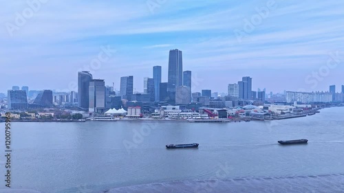 4K RealTime Aerial view of XuHui business district and Huangpu river in Shanghai photo