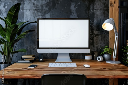 Ultra Hd Image of Computer with Blank White Screen on Wooden Desk