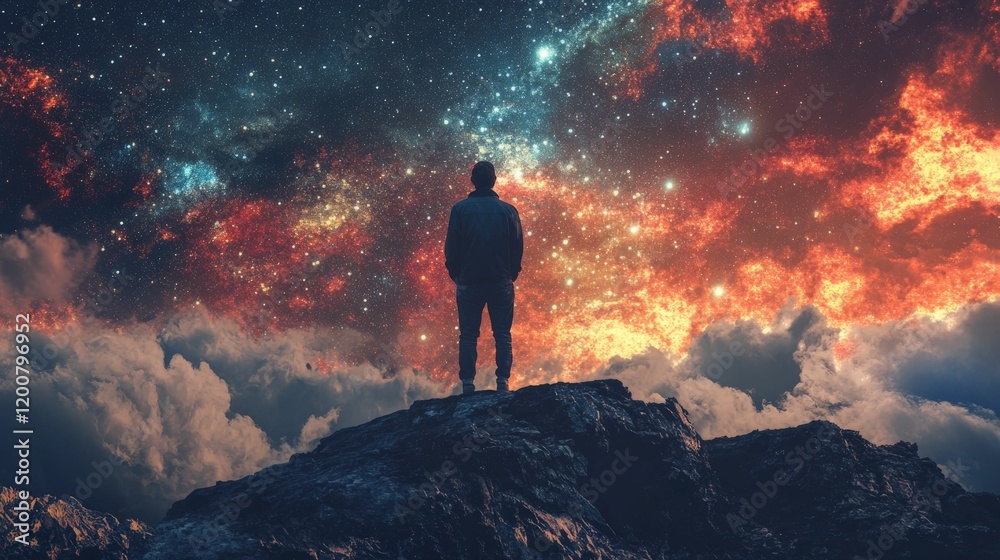 Silhouette of a man standing on a cliff overlooking a vast, vibrant, and otherworldly starry sky. Silhouette of a man standing on a cliff overlooking a vast, vibrant, and otherworldly starry sky.