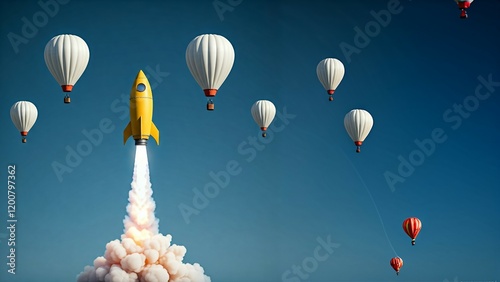 A rocket launches among hot air balloons against a blue sky.