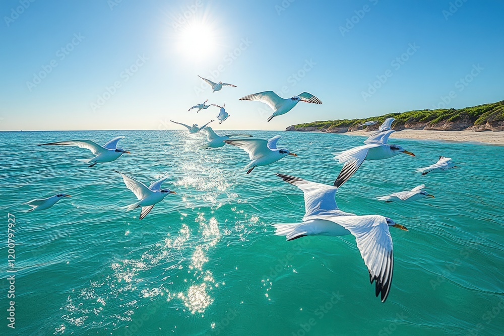 Birds flying over turquoise ocean near beach. Birds flying over turquoise ocean near beach.