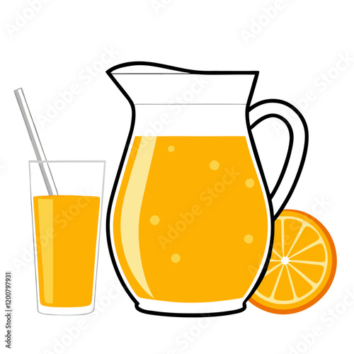 Orange fruit juice in glass jug and half slice orange.  vector illustration (1)