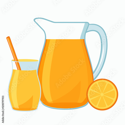 Orange fruit juice in glass jug and half slice orange.  vector illustration (2)