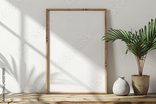 Vibrant Color Visual of Minimal Wooden Picture Poster Frame Mockup on White Wallpaper