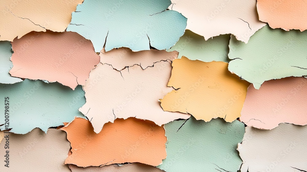 Fototapeta premium Distressed watercolor concept. Colorful pieces of torn paper in various pastel shades create a textured backdrop.