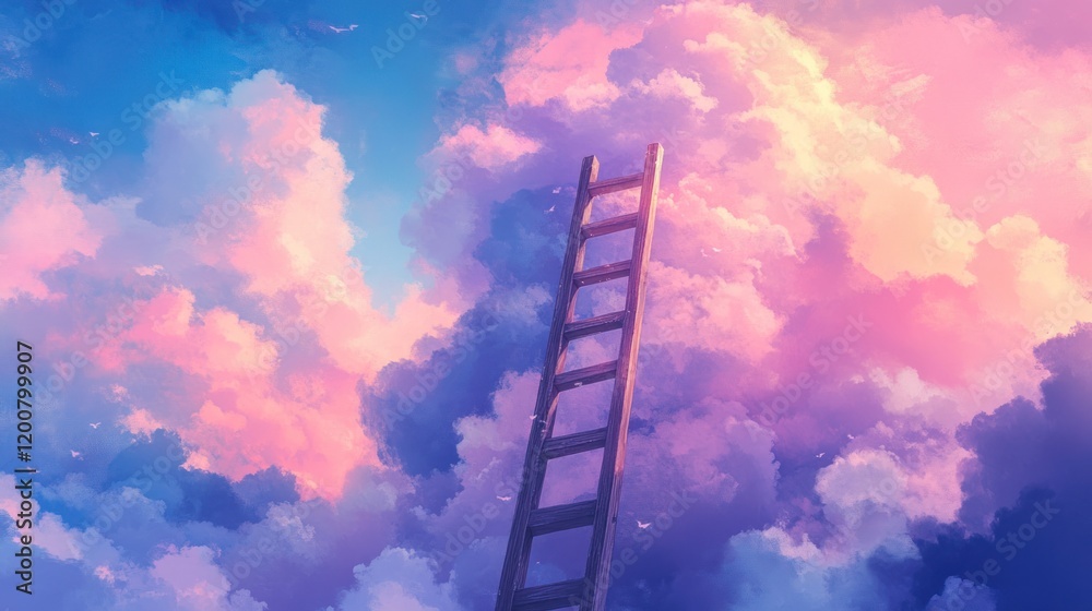 Ladder leading to a pastel sky filled with fluffy clouds. Ladder leading to a pastel sky filled with fluffy clouds.