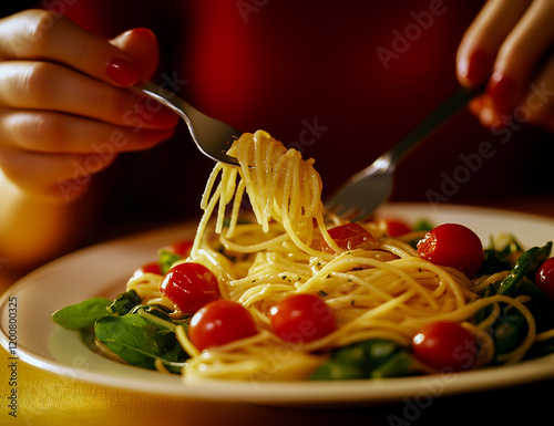 Close-Up of Person Eating Pasta with Vegetables on the Table photo