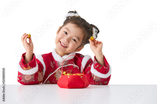 Cute girl in traditional Chinese clothing celebrating New Year photo